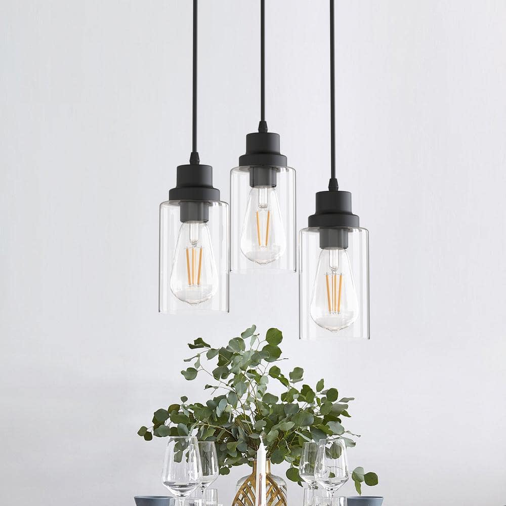 Modern Black Metal 3-Light Pendant with Clear Glass Shades