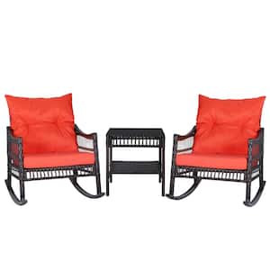 3-Pcs Patio Wicker Outdoor Bistro Set with Orange Cushions and Pillows