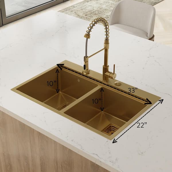 TMR5050WS-Gold 16 Gauge Stainless Steel 33 in. Double Bowl Drop-In Workstation Kitchen Sink with Square Drains