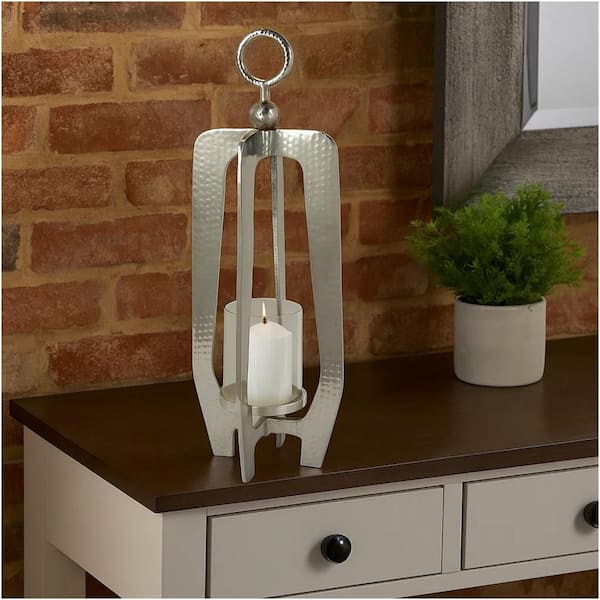 Brie 22.5 in. x 8.5 in. Silver Metal Frame and Glass Shade Candle Holder Lantern