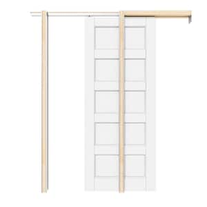 36 in. x 80 in. 5-Lite Paneled White Primed MDF Pocket Sliding Door with Pocket Door Frame and Hardware Kit