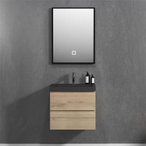 Angela 24 in. W x 18.7 in. D x 20.5 in. H Wall Hung Bath Vanity in Natural Oak with Black Quartz Sand Surface Top