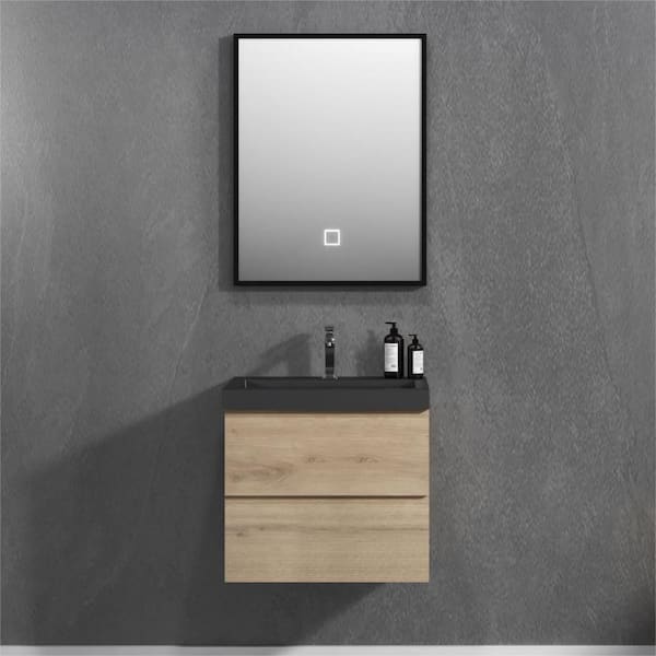 Abruzzo Angela 24 in. W x 18.7 in. D x 20.5 in. H Wall Hung Bath Vanity in Natural Oak with Black Quartz Sand Surface Top