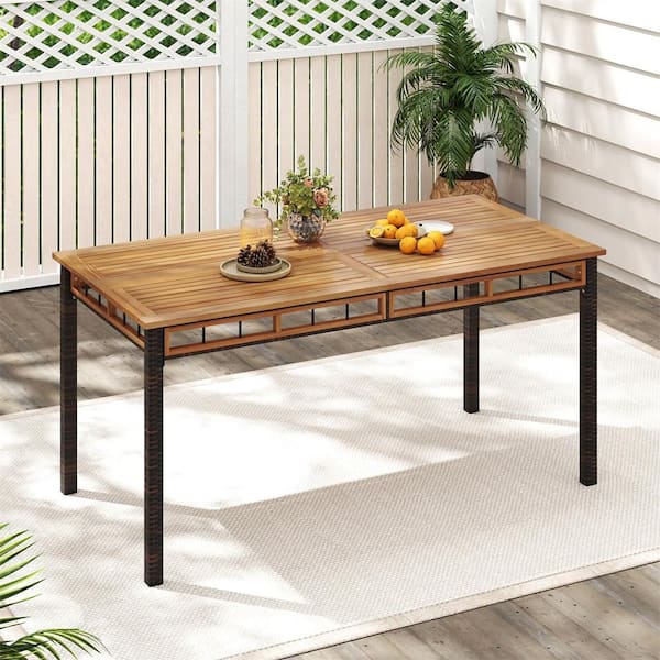 Costway 63 in. Outdoor Dining Table with Acacia Wood Slatted