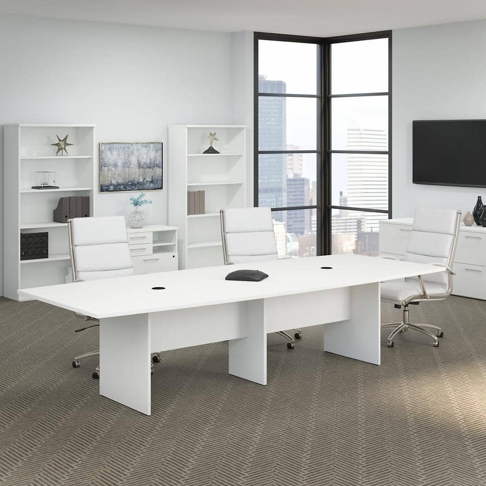 White Boat-Shaped Conference Table with Wood Base, 119.2"