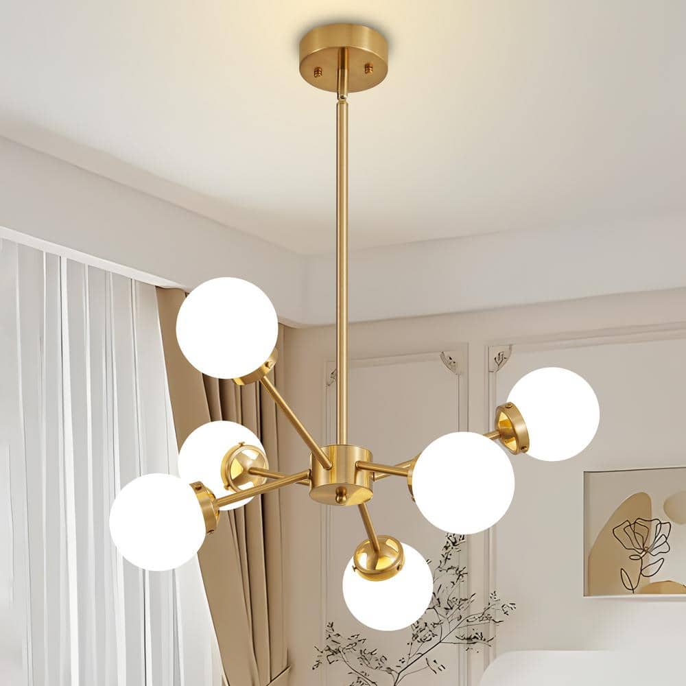 Adjustable Brass Sputnik Chandelier with Milk Glass Shades