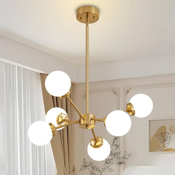 Deyidn Modern Chandeliers 6-Light Vintage Gold Sputnik Chandelier for Living Room, Ceiling Lights with Glass Shade