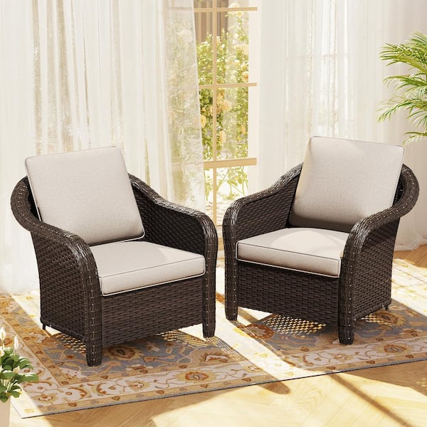 2-Piece Patio Wicker Outdoor Lounge Chair with Beige Cushions