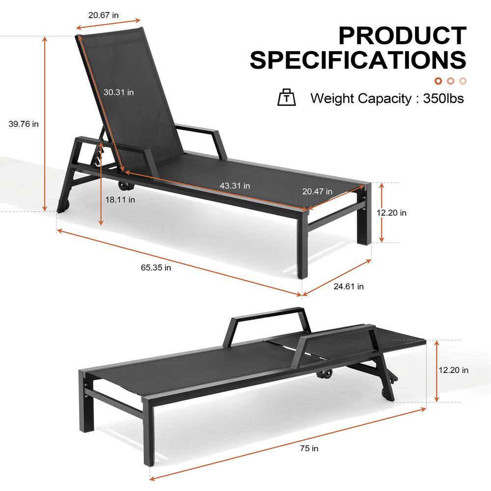 Black Adjustable Aluminum Outdoor Lounge Chair with Wheels