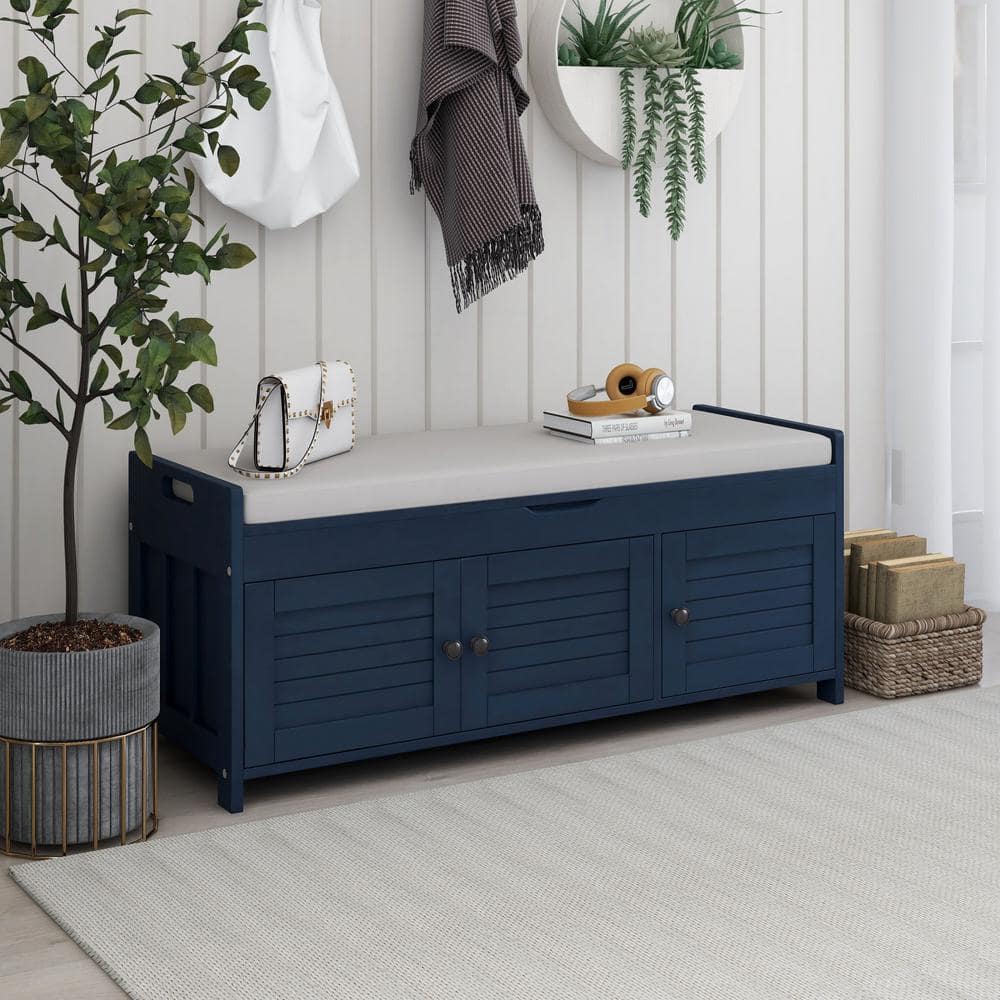 Navy Blue Upholstered Storage Bench with 3 Drop Down Doors for