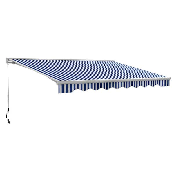 9.7 ft. x 16.5 ft. Outdoor Electric Awning, Retractable Awning with LED Lights and Remote Controller, Blue and White