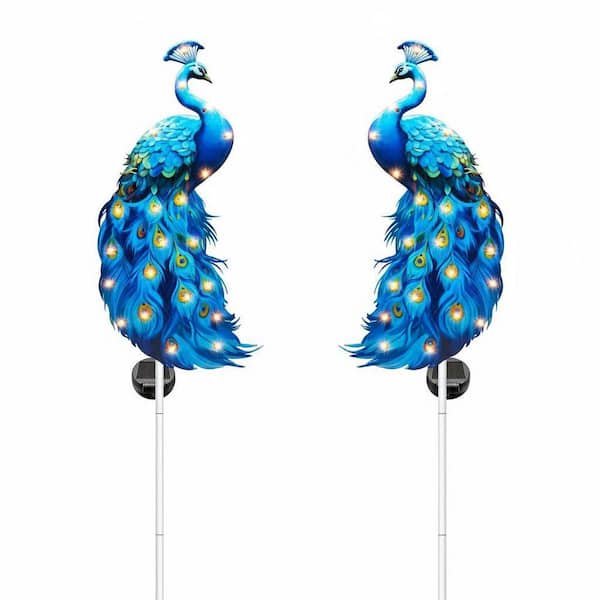 2-Pack 11.8 in. x 6 in. Solar Blue Peacock Metal Garden Stakes - Waterproof Outdoor Lights