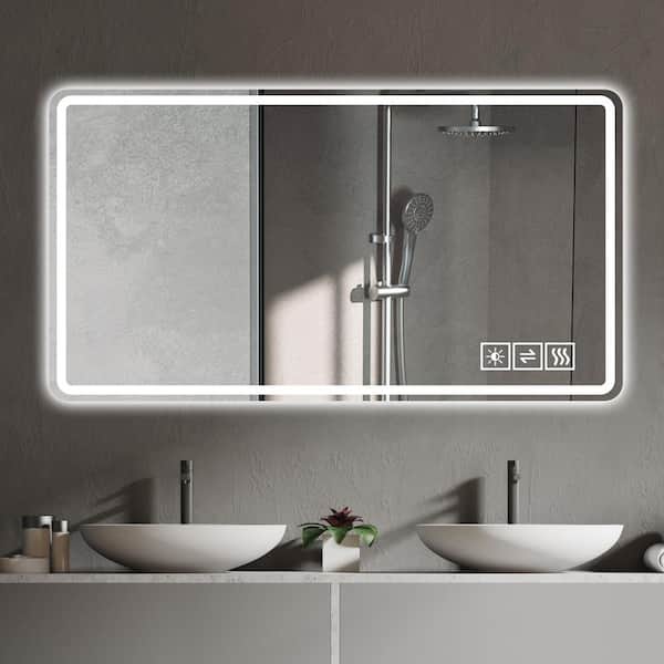 WELLFOR 48 in. W x 32 in. H Rectangular Frameless Dimmable Anti-Fog Wall Bathroom Vanity Mirror in White