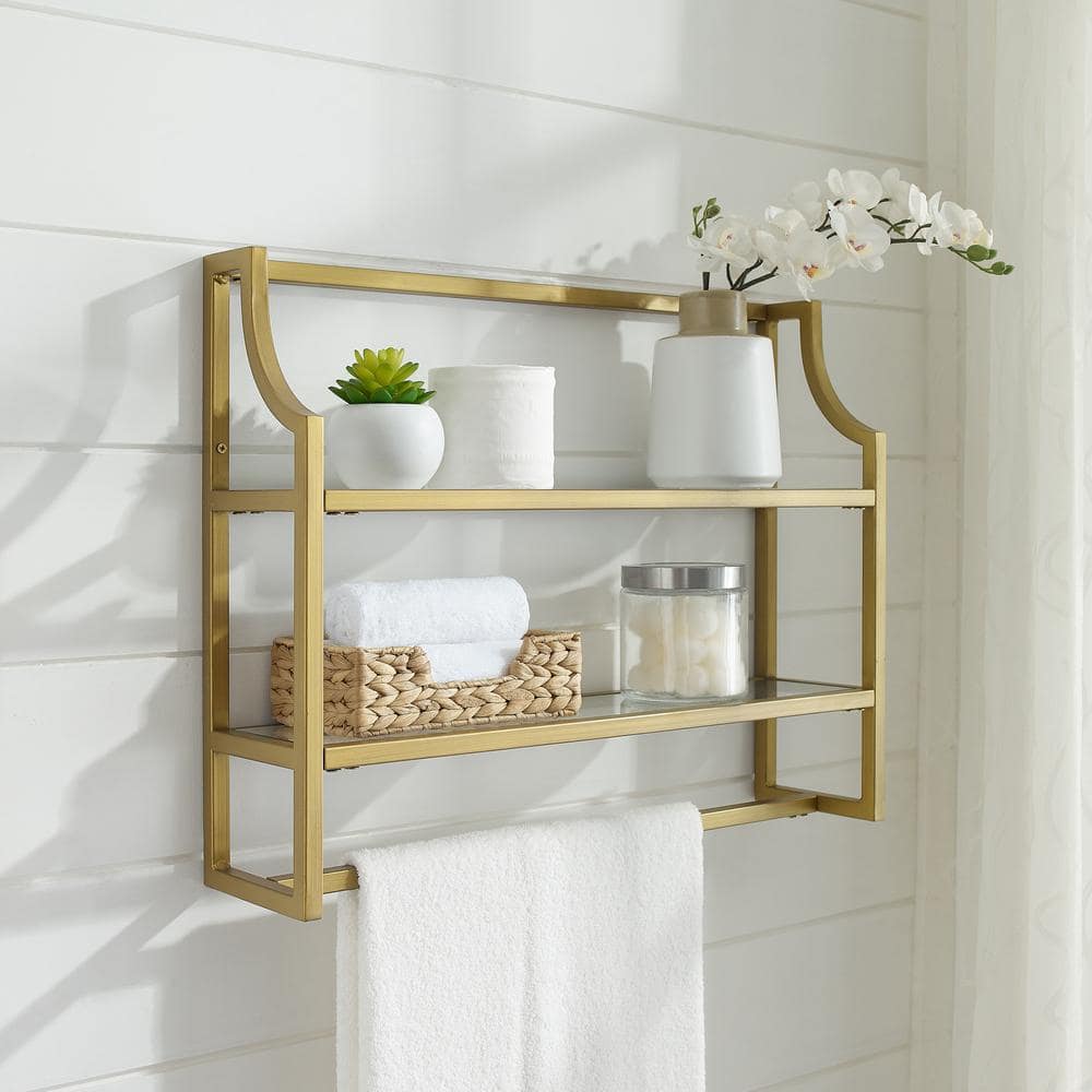 Soft Gold Sculptured Steel and Glass 28" Wall Shelf