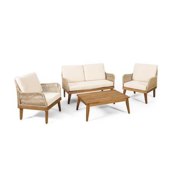 Noble House Inkwood Teak 4-Piece Wood Patio Conversation Set with Beige Cushions