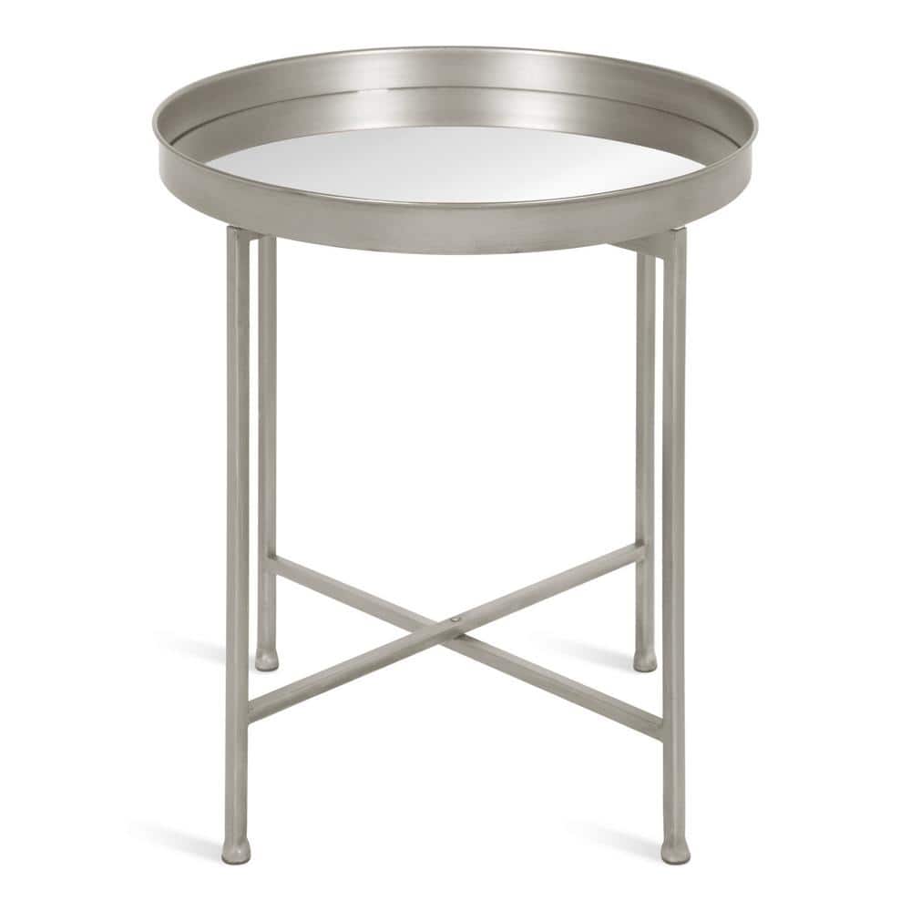 Celia 21'' Silver Metal Foldable Round Accent Table with Mirror Tray