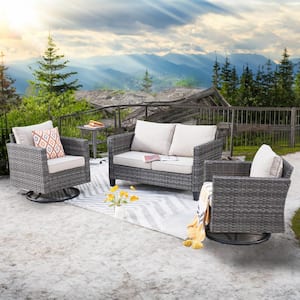 Mirage Gray 4-Piece Wicker Outdoor Rocking Chair Set with Beige Cushions