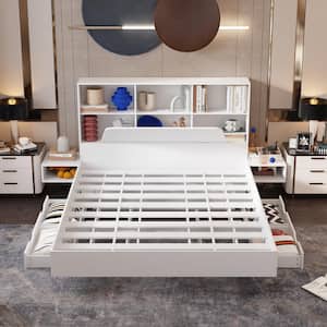 White Wood Frame Queen Size Bed Panel Bed Floating Bed With 4 Drawers, 2 Nightstands, Bookcase Headboard, Sockets, USB
