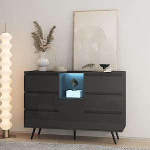 46 in. W x 15 in. D x 31.9 in. H Black Wood Linen Cabinet with LED Light, 6 Drawers, 1 Door and 1 Open Shelf