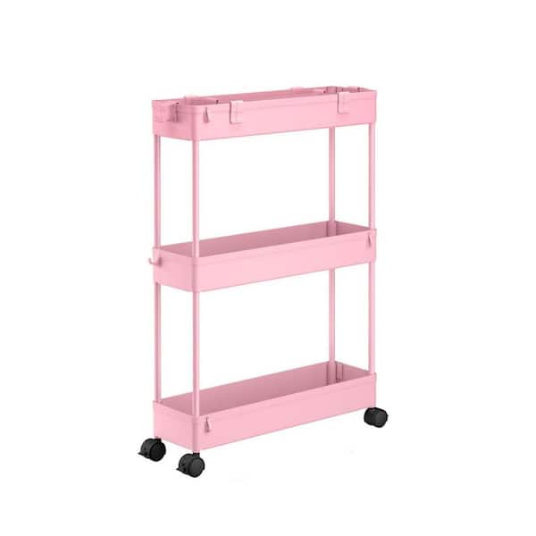 3-Tier Pink Slim Plastic Storage Cart with Wheels for Bathroom, Kitchen, Laundry Room, Office