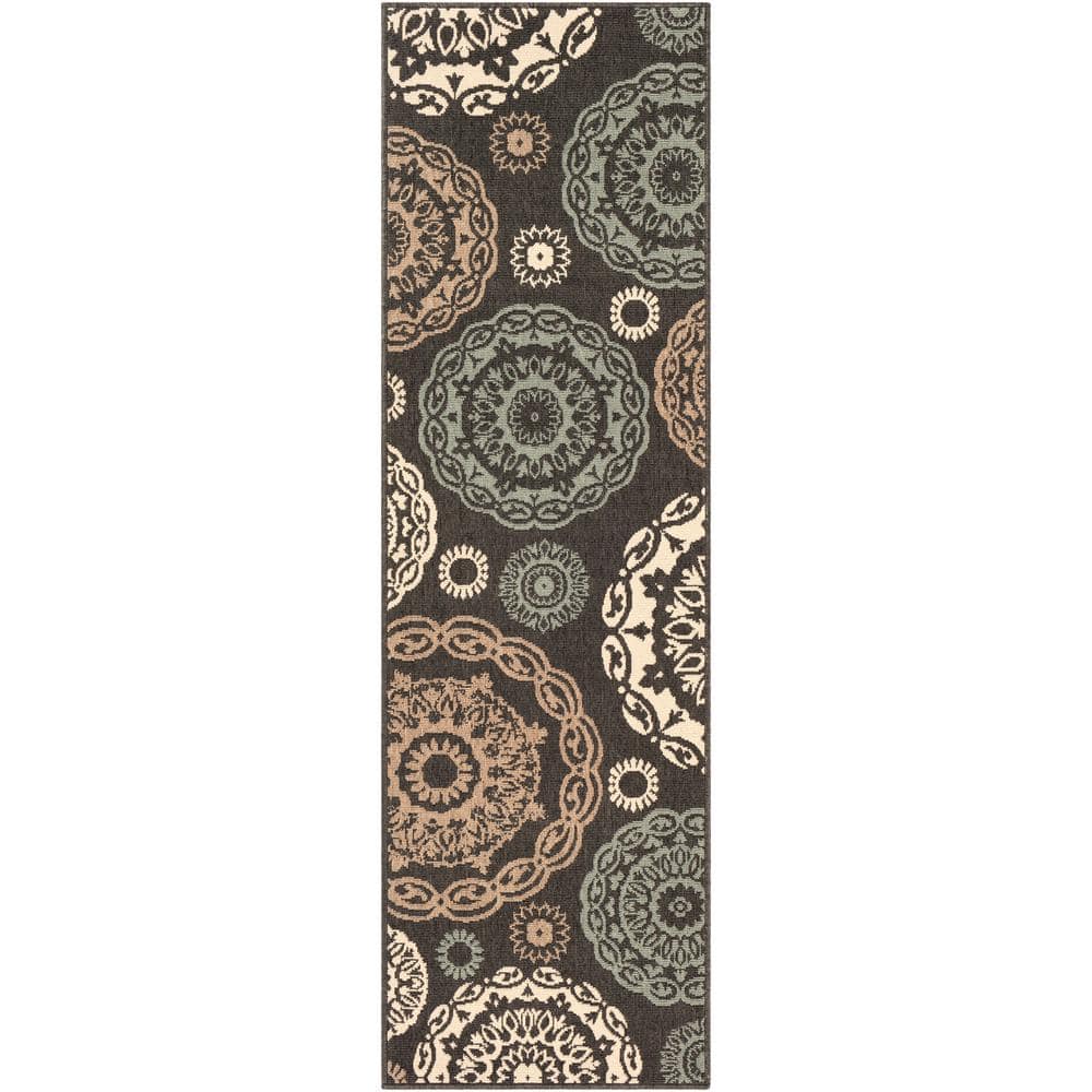 7'9 Round Outdoor Rug-Black/Tan Diamonds