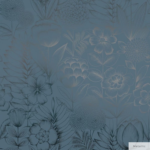 Metallic Blue Ribbon Homestead Floral Vinyl Peel and Stick Wallpaper Roll (Covers 28 sq. ft.)