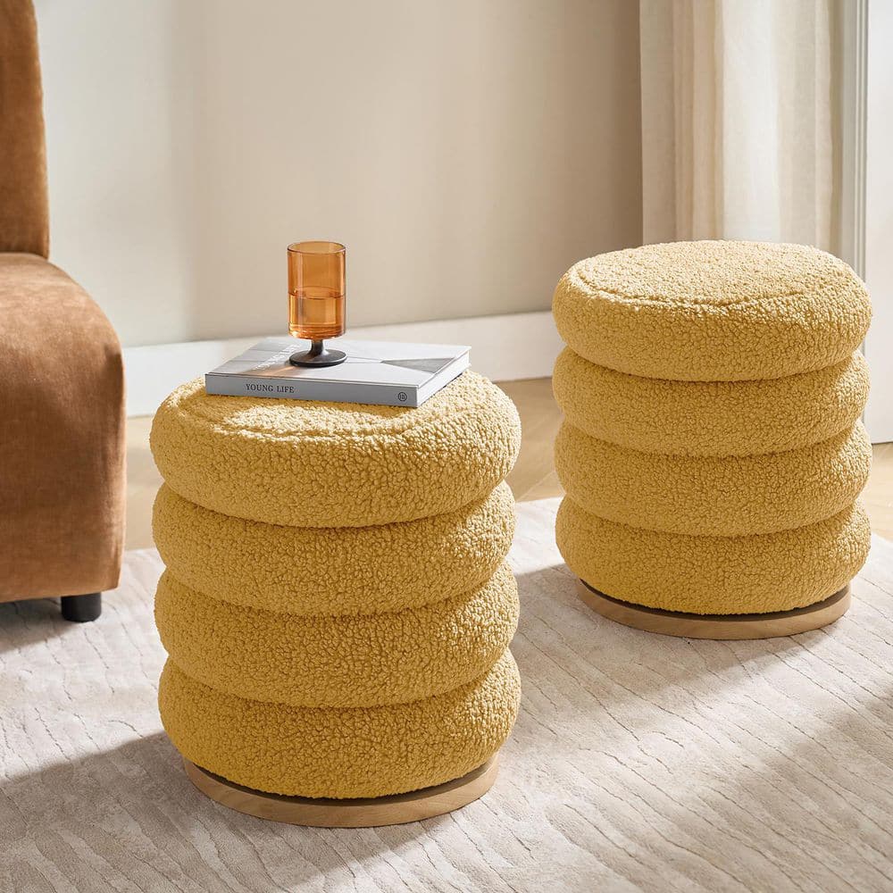 Anibal Mustard Polyester Sherpa Round Swivel Ottoman with Solid Wood Legs Set of 2 price history on PriceWatchPro