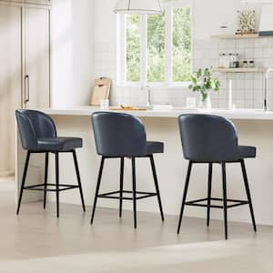 26 in. Cynthia Blue High Back Metal Swivel Counter Stool with Faux Leather Seat (Set of 3)