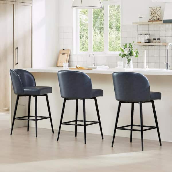 Spruce & Spring 26 in. Cynthia Blue High Back Metal Swivel Counter Stool with Faux Leather Seat (Set of 3)