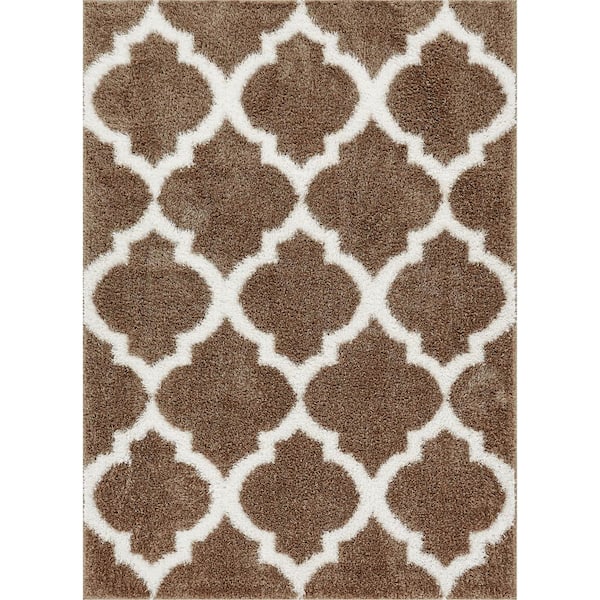 Well Woven Corsa Humble Taupe 3 ft. x 5 ft. Modern Lattice Thick Shag Area Rug