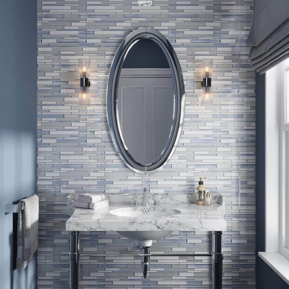 White and Blue Linear Glass Mosaic Tile for Walls