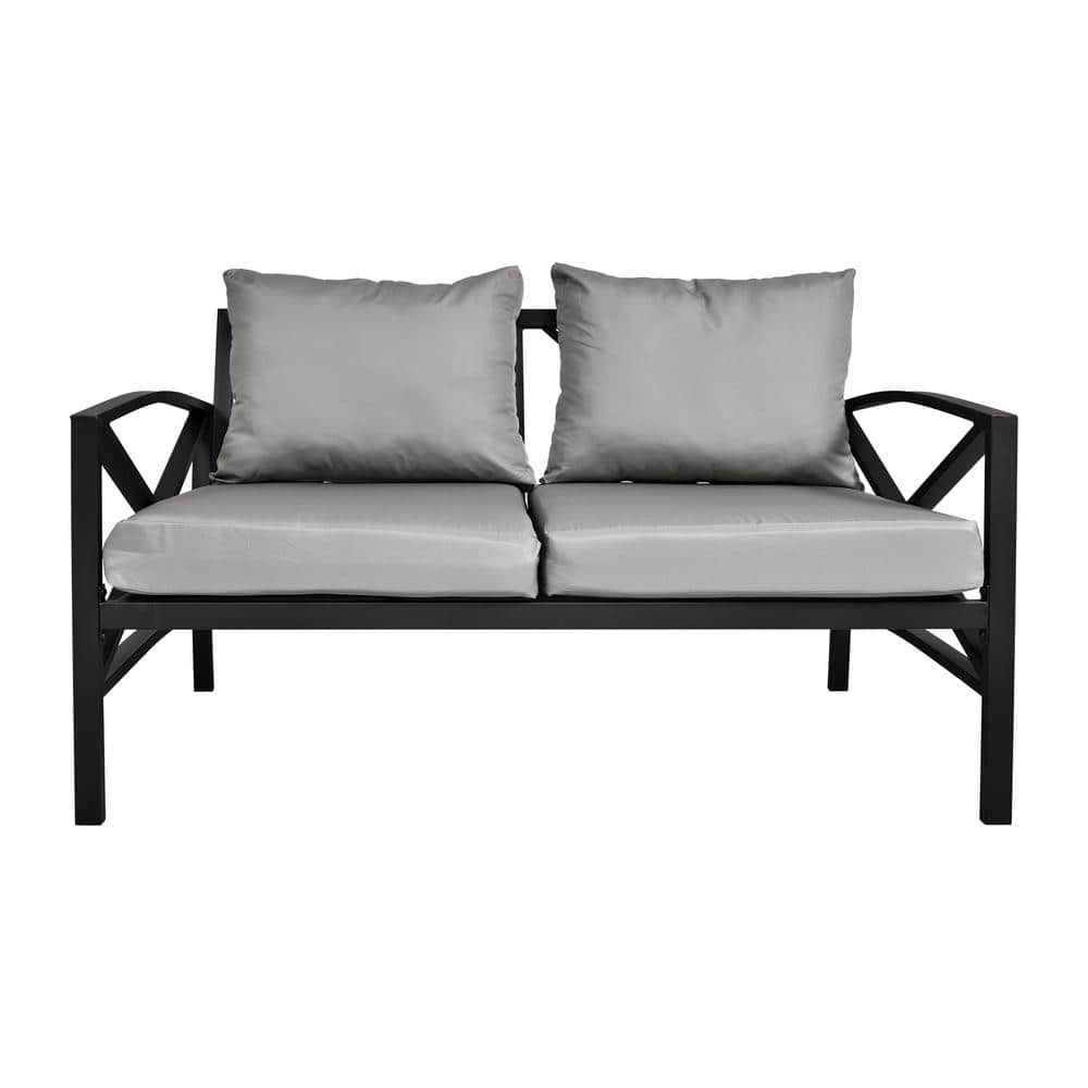 Black Steel Outdoor Double Sofa Chair with Grey Cushions