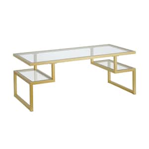 Zander 45 in. Brass/Clear Large Rectangle Glass Coffee Table with Shelf