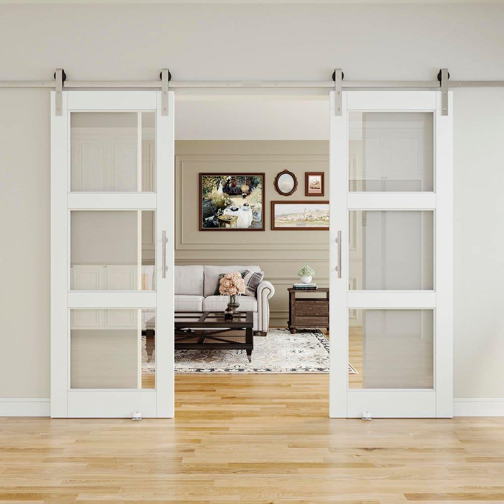 ARK DESIGN 56 in. x 80 in. 3-Lite Tempered Clear Glass White Primed ...