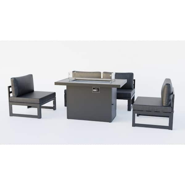 Leisuremod Chelsea 5-Piece Aluminum Patio Fire Pit Set with Black Cushions