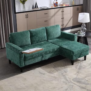 73 in. Modern Green Chenille Pull Out Sleeper Sectional Sofa Bed with Side Hidden Table and Storage Chaise