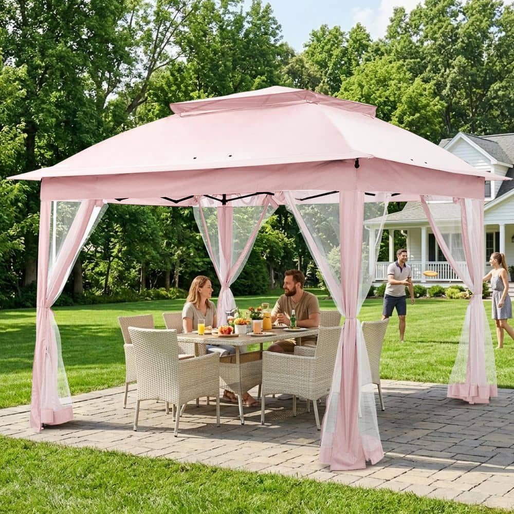 COOS BAY 11 ft. x 11 ft. Pink Steel Pop-Up Gazebo with Mosquito