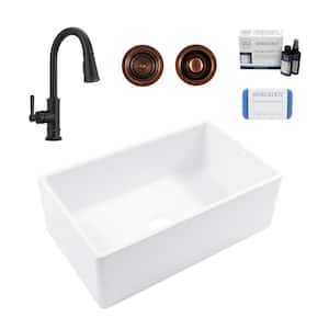 Bradstreet II 30 in. Farmhouse Apron Front Undermount Single Bowl White Fireclay Kitchen Sink with Bronze Faucet Kit