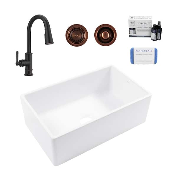 SINKOLOGY Bradstreet II 30 in. Farmhouse Apron Front Undermount Single Bowl White Fireclay Kitchen Sink with Bronze Faucet Kit