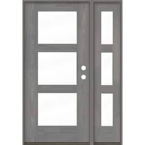 Modern 50 in. x 80 in. 3-Lite Left-Hand/Inswing Clear Glass Malibu Grey Stain Fiberglass Prehung Front Door with RSL