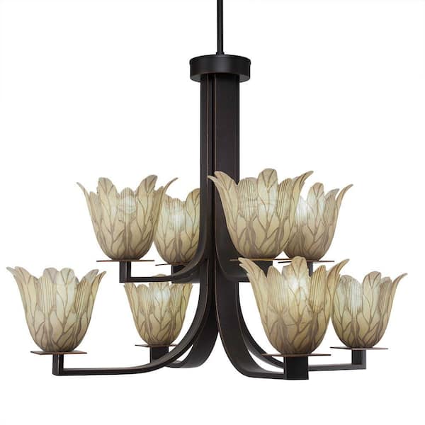 Unbranded Aspen 8-Light Dark Granite Chandelier, Square Chandelier with 5 in. Gold Fusion Glass Shades, No bulbs included