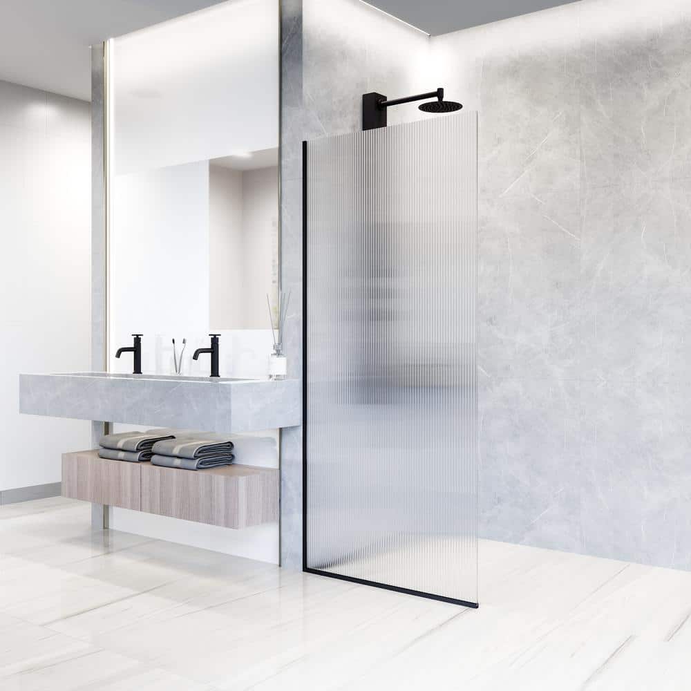 Zenith 34" Matte Black Frameless Fluted Glass Shower Screen