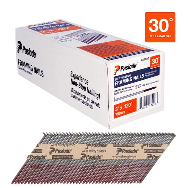 Paslode 3 in. x 0.120 Round Drive 30-Degree Brite Steel Smooth Shank Paper Tape Framing Nails (750 per Box )