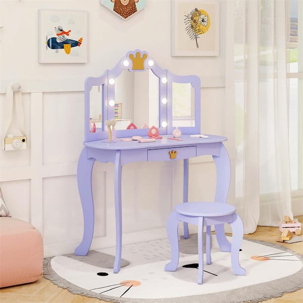 Kids Vanity Set Princess Vanity Table and Chair Set with Lighted Mirror Purple
