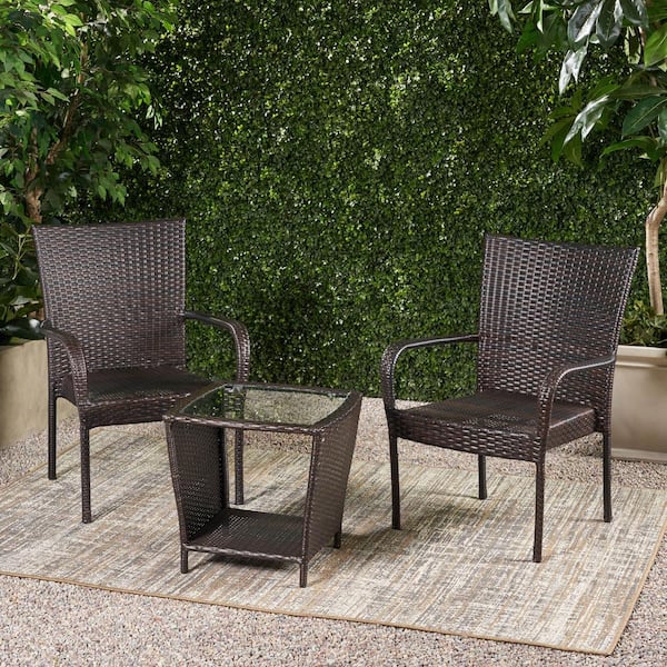 Ada Multi-Brown 3-Piece Faux Rattan Outdoor Patio Conversation Set with Stacking Chairs
