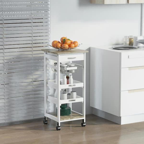 5-Tier Solid  Wood 4-Wheeled Mobile Kitchen Cart with Storage, Wire Fruit Baskets, Trays and Drawer, White