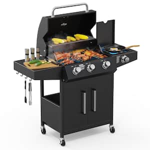3-Burner Propane Grill with Side Burner, 46,000BTU BBQ Grills with Enameled Cast Iron Grates & Built-in Thermometer