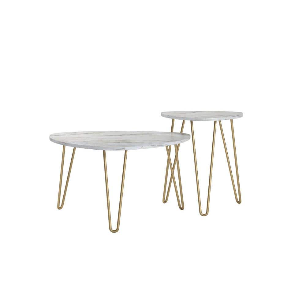 Athena White Marble and Gold Metal Hairpin Nesting Tables