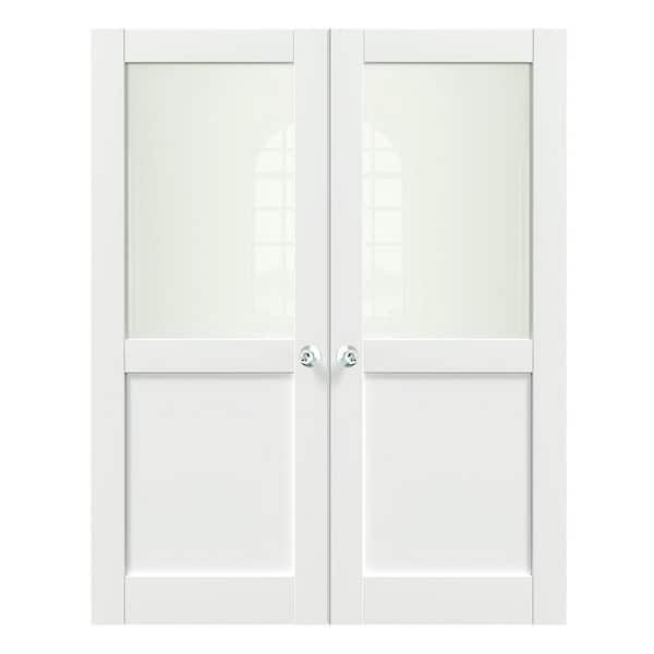 TENONER 64 in. x 80 in. MDF Composite, Primed, White, 1/2 Lite, Frosted Glass Interior Door Slab with Silver Sphere Doorknob