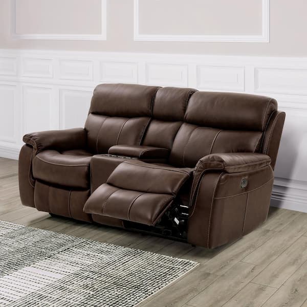 Furniture of America Ahmed 77 in. Brown Leather 2-Seater Power Loveseat with Armrests
